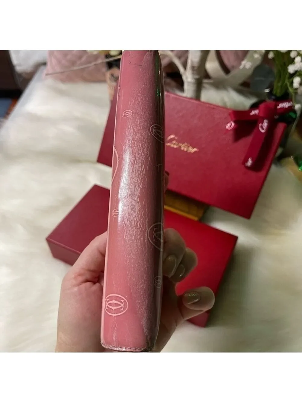CARTIER MUST DE CARTIER HAPPY BIRTHDAY PINK PATENT LEATHER WALLET AUTHENTIC